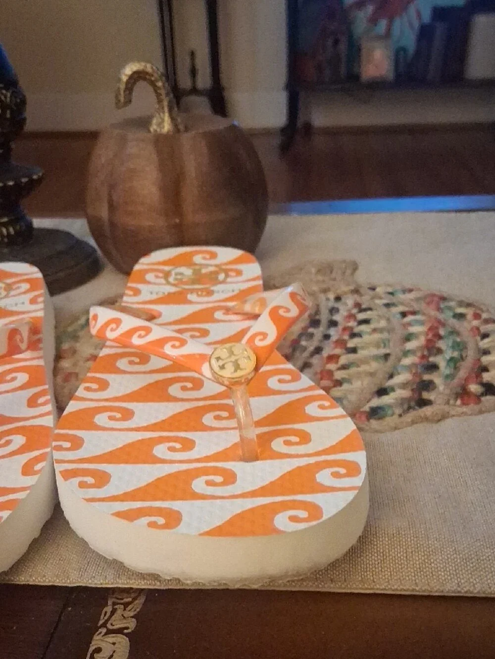 Tory Burch Orange & White Wave Flip Flop Sandals with Gold Logo